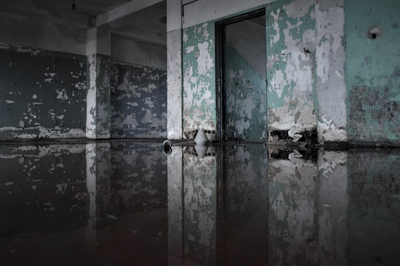 Home A decaying abandoned room with peeling paint and flooded floor, creating a reflection effect.